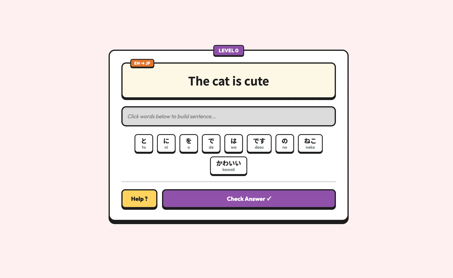Grammar hub: building a Japanese sentence from word tiles