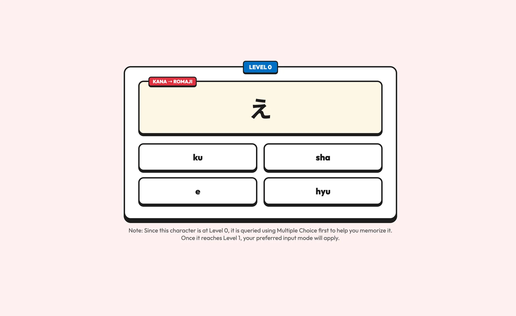 Kana hub: hiragana practice card with multiple choice answers