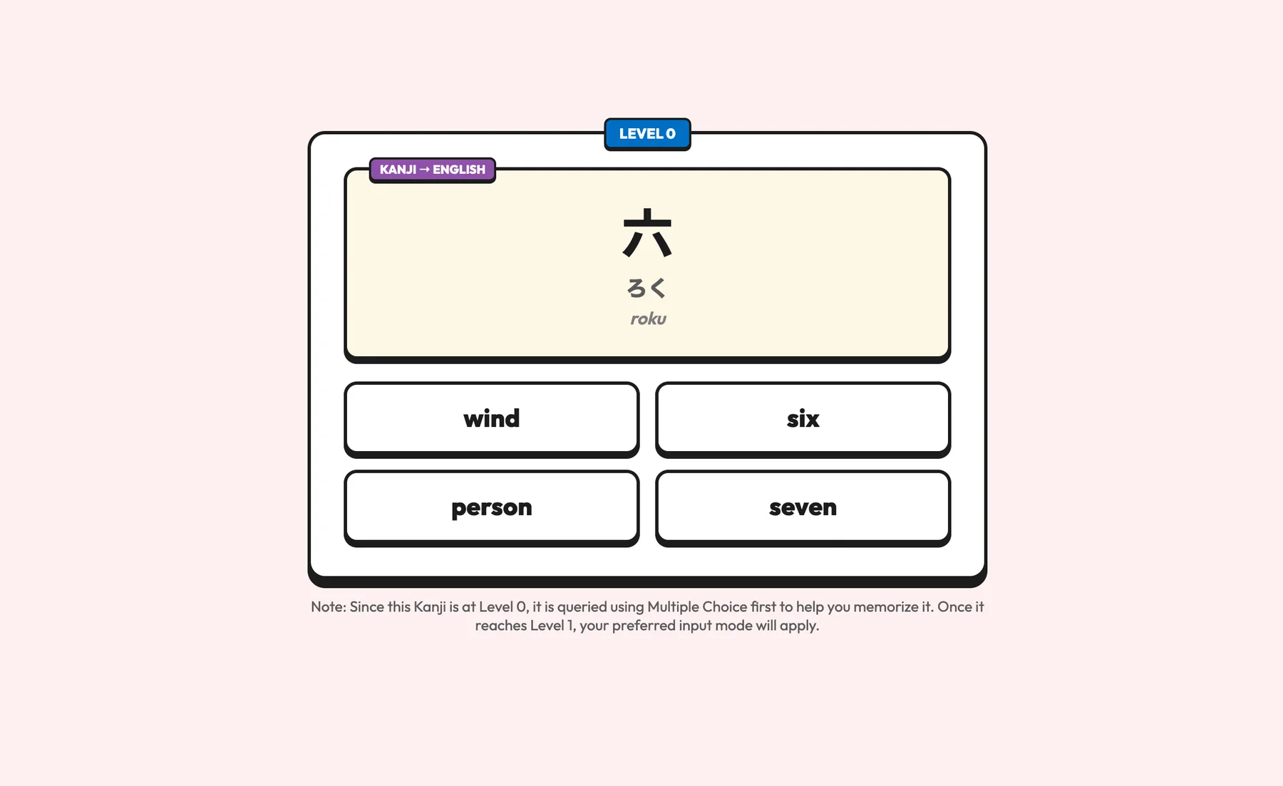 Kanji hub: a kanji practice card showing readings and meaning options