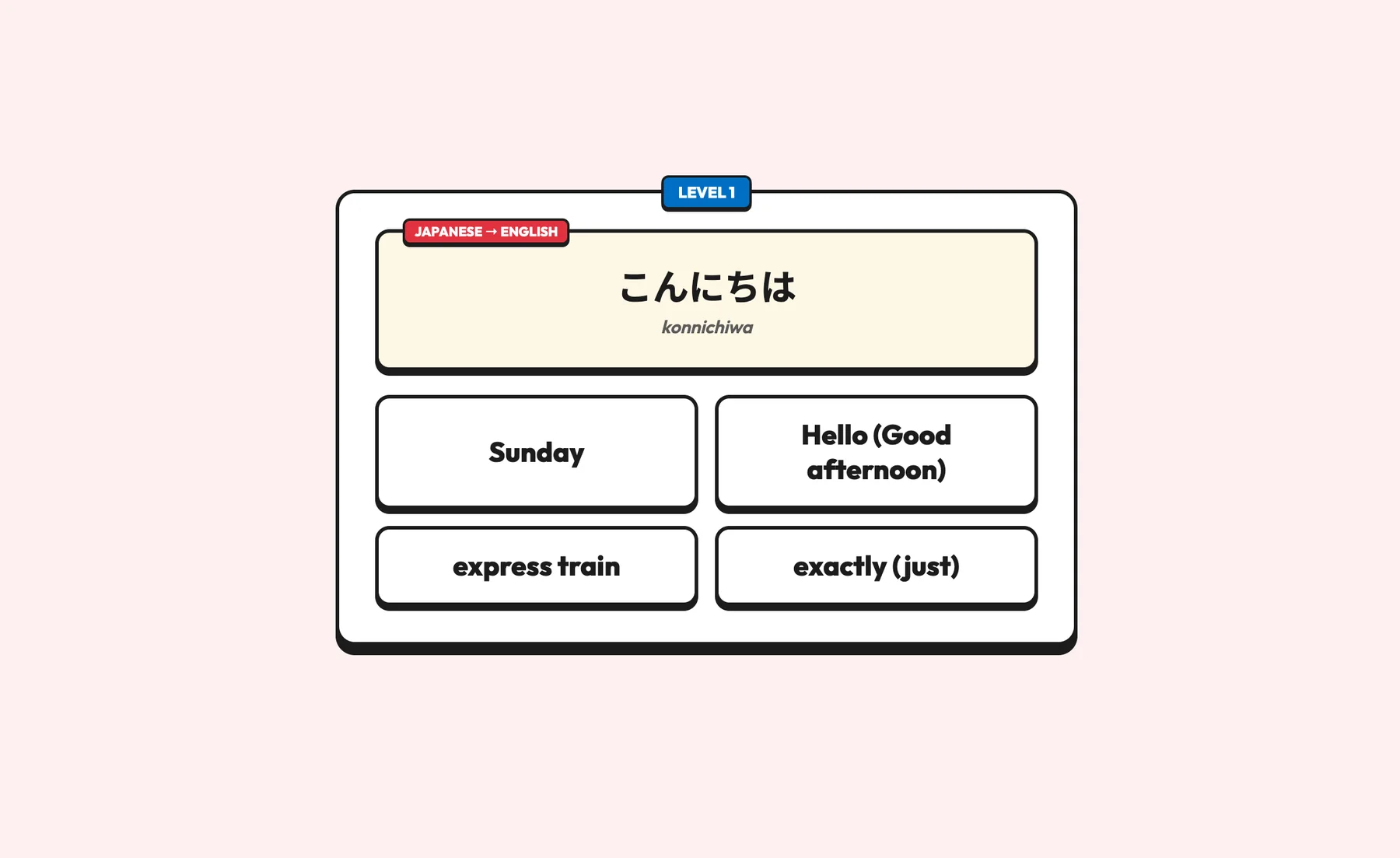 Vocabulary hub: a Japanese word card with four English answer options