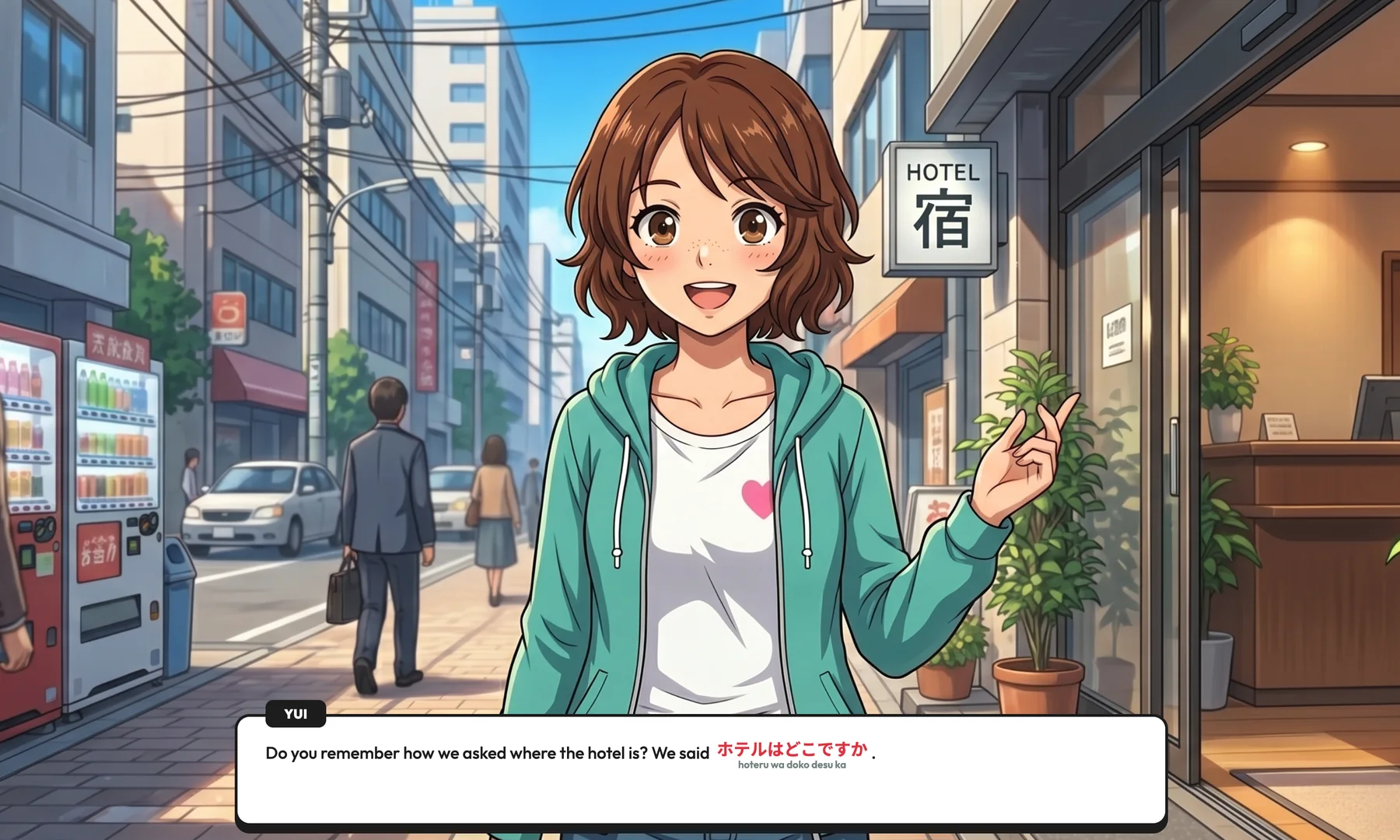 Coach Yui explaining a Japanese phrase during a story scene on a Tokyo street